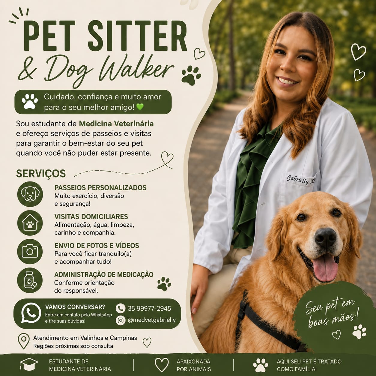 Gabrielly, pet sitter e estudante de Medicina Veterinária, ao lado de um golden retriever